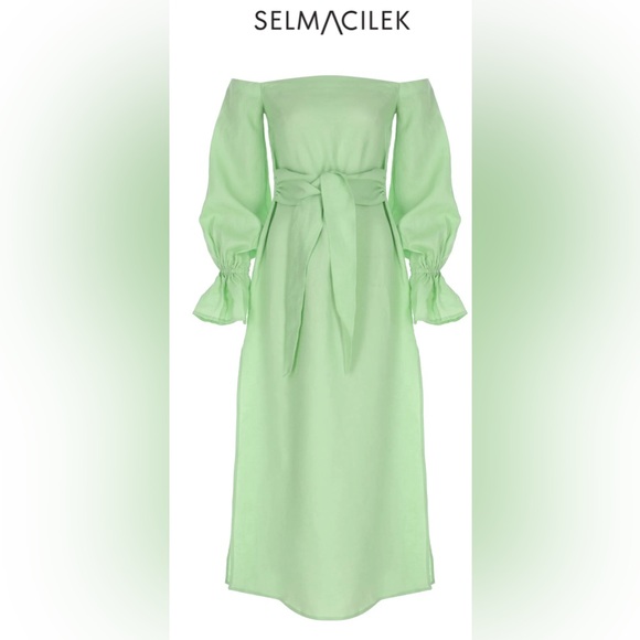 MINT STRAPLESS, LONG-SLEEVED, LINEN TIE-DETAILED MAXI DRESS Sz S - Picture 3 of 7